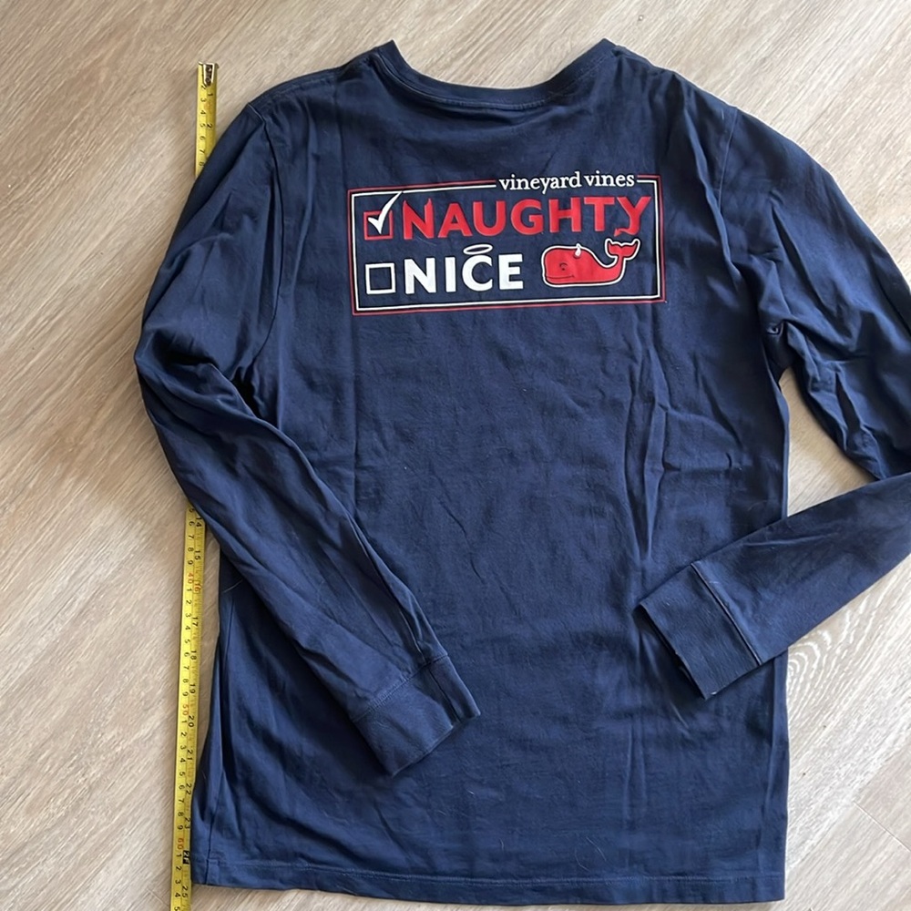 Vineyard Vines holiday long sleeve shirt, size L, naughty nice checklist on back